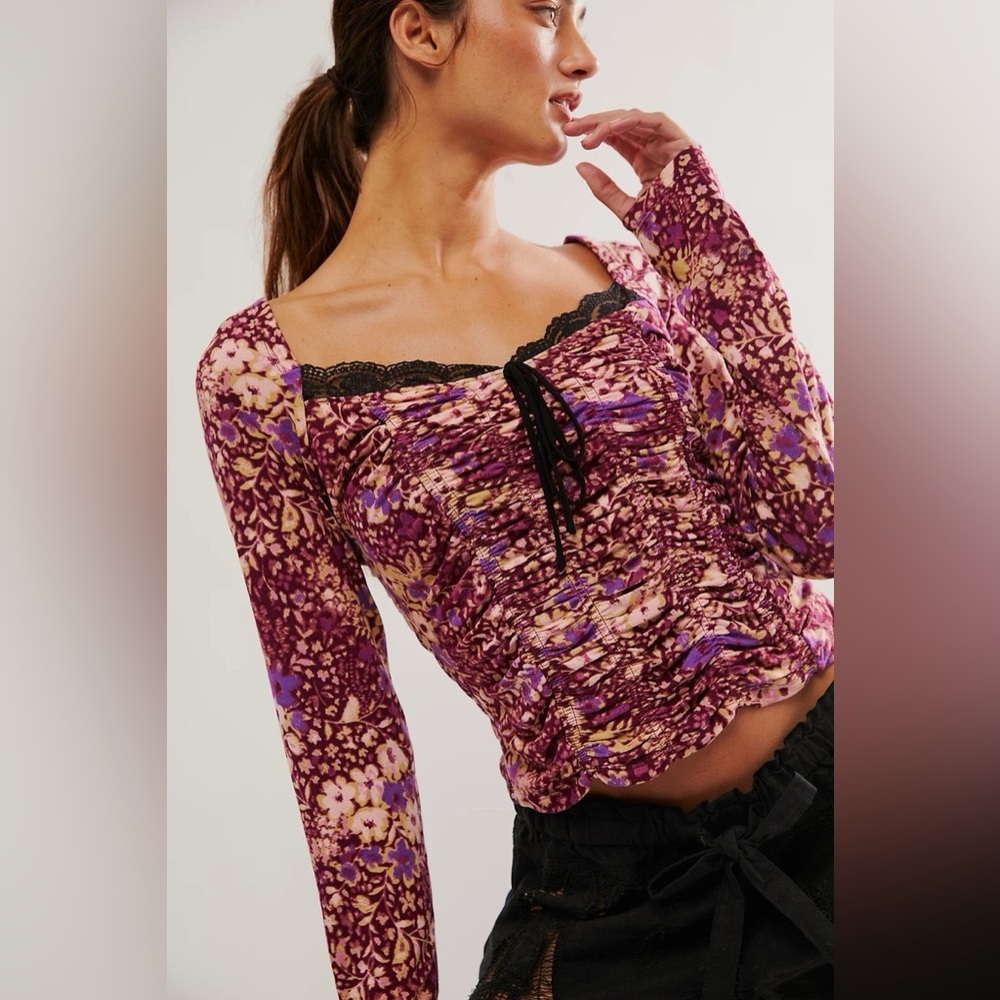Free People Floral Long Sleeve Top with Lace Trim